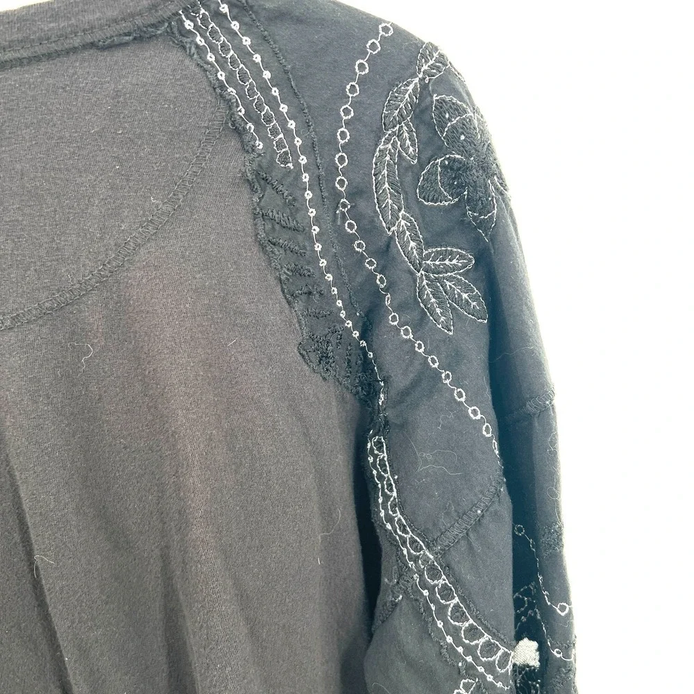 Free People Embroidered Penny Tee black whimsigoth boho‎ whimsical blouse top S